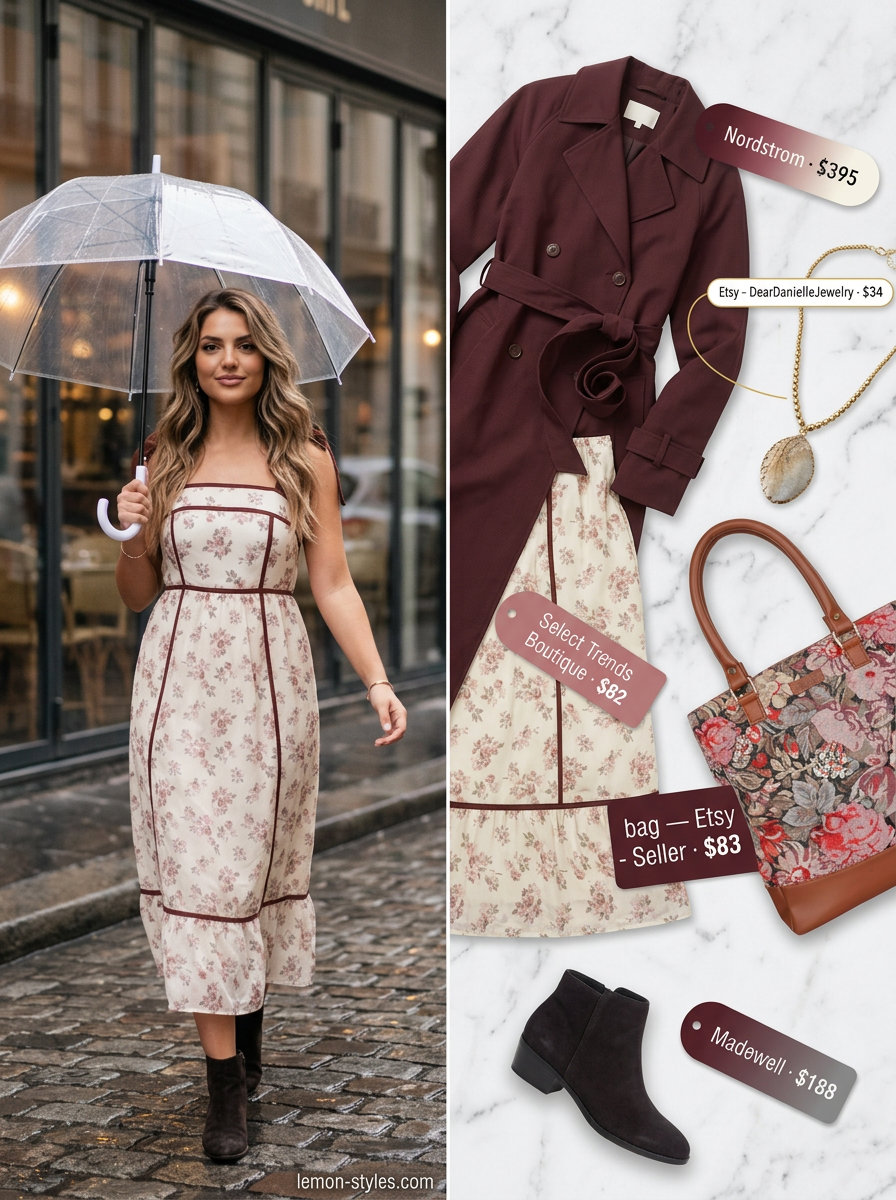 Bohemian Rainy Day Summer Trench Outfits 2026 Bohemian rainy day outfit with burgundy trench coat, floral midi dress, and suede boots for summer 2026.