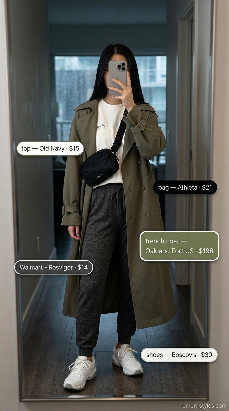 Casual Rainy Day Summer Trench Outfits 2026 Casual commute outfit with olive green trench coat, graphic tee, and joggers for rainy day summer 2026.