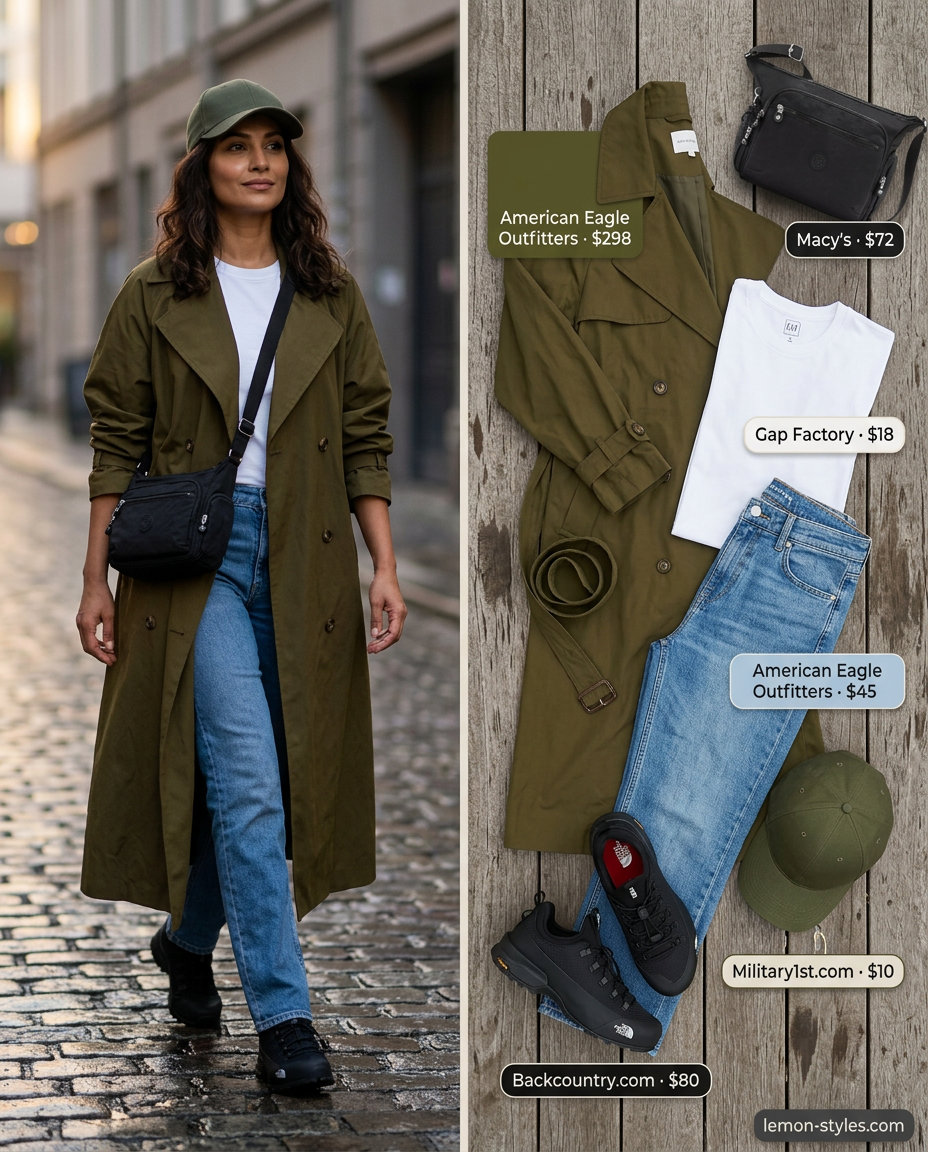 Casual Commute Rainy Day Trench Outfits for Women 2026 Rainy day summer trench outfits for women 2026: Olive trench, jeans, white tee, sneakers for casual commute.