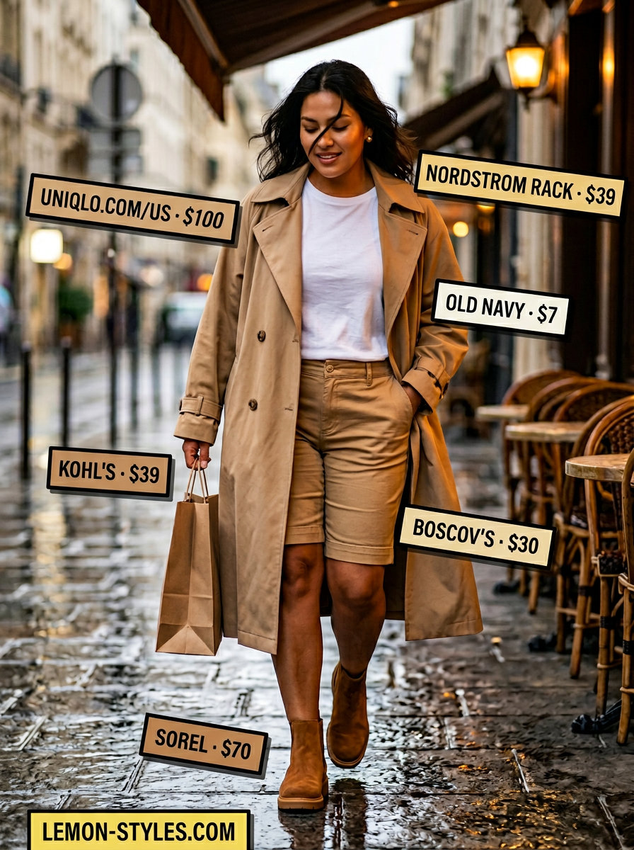 Casual Rainy Day Trench Outfits for Women 2026 Rainy day summer trench outfits for women 2026: Beige trench, white tee, olive shorts, tan boots for casual outings.