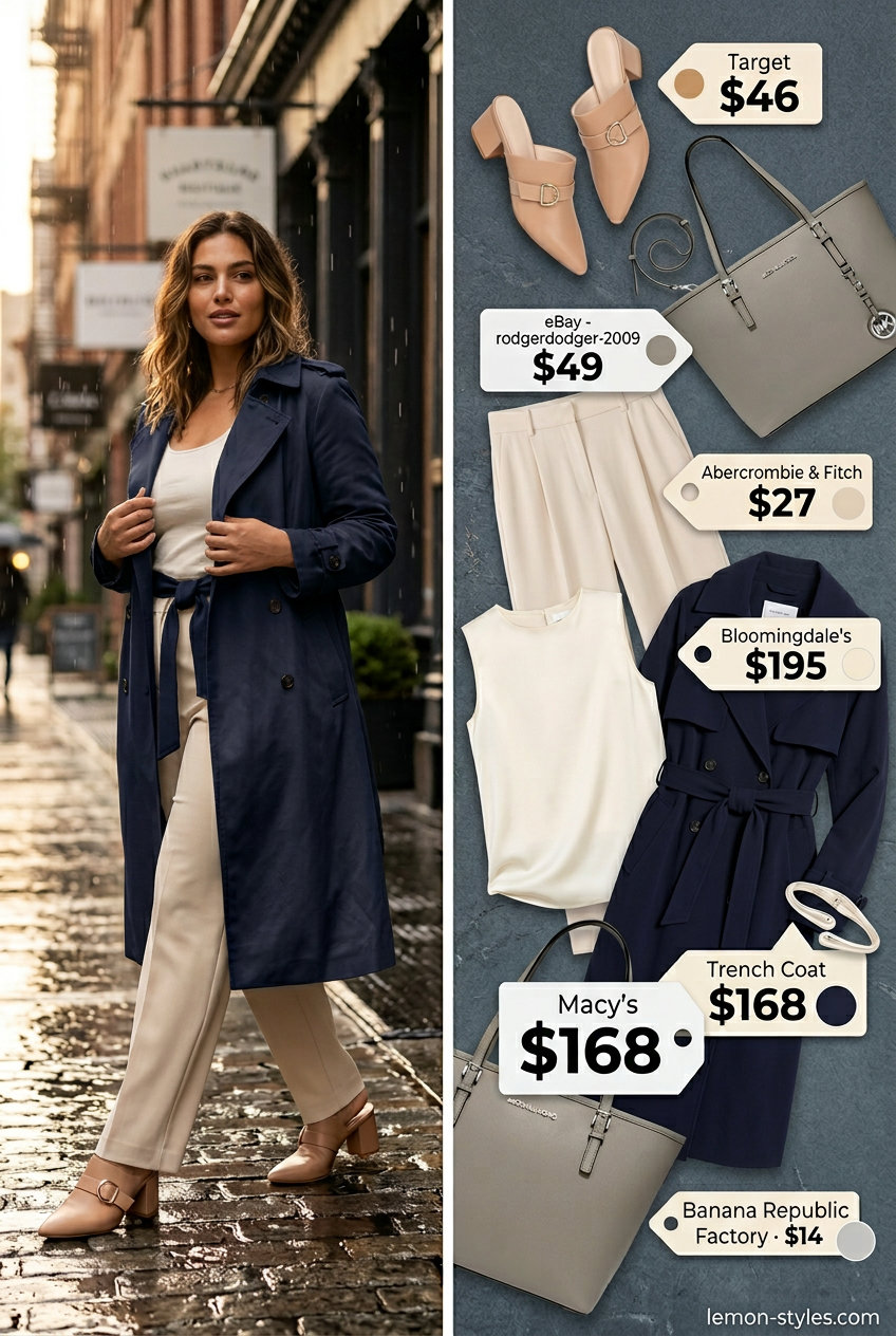 Sophisticated Rainy Day Summer Trench Outfits 2026 Sophisticated business casual outfit with navy trench coat, cream blouse, and wide-leg trousers for rainy day summer 2026.