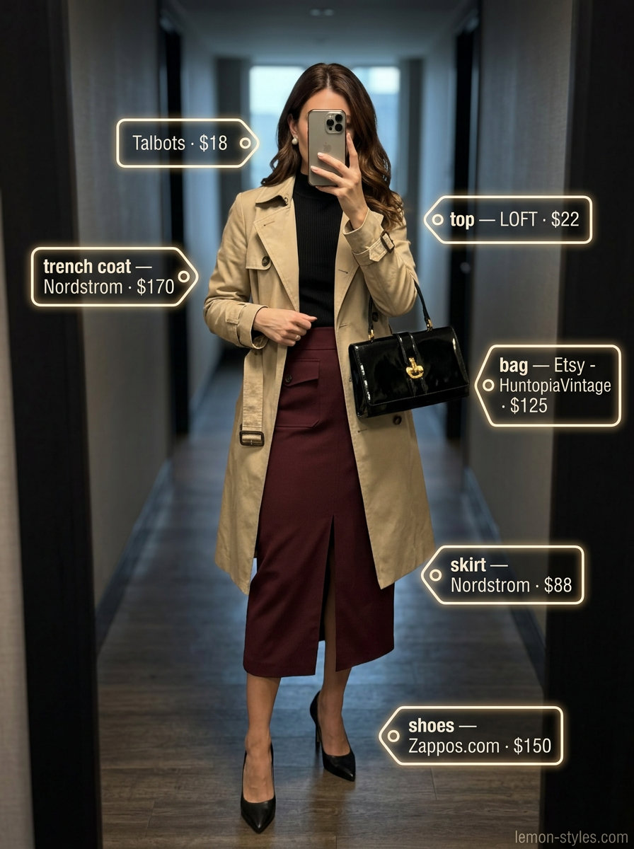 Elegant Rainy Day Trench Outfits for Women 2026 Rainy day summer trench outfits for women 2026: Beige trench, burgundy skirt, black top, heels for an elegant date night.