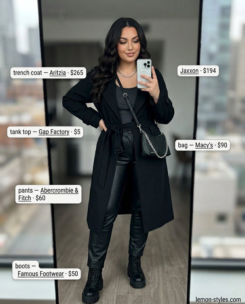 Edgy Rainy Day Summer Trench Outfits 2026 Edgy urban explorer outfit with black trench coat, faux leather pants, combat boots for rainy day summer 2026.