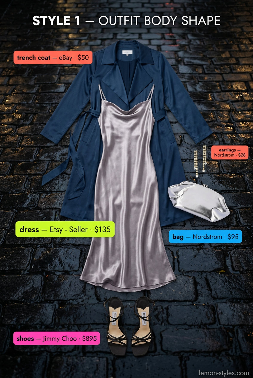 Elegant Rainy Day Summer Trench Outfits 2026 Elegant evening outfit with deep blue trench coat, silver slip dress, and heels for rainy day summer 2026.