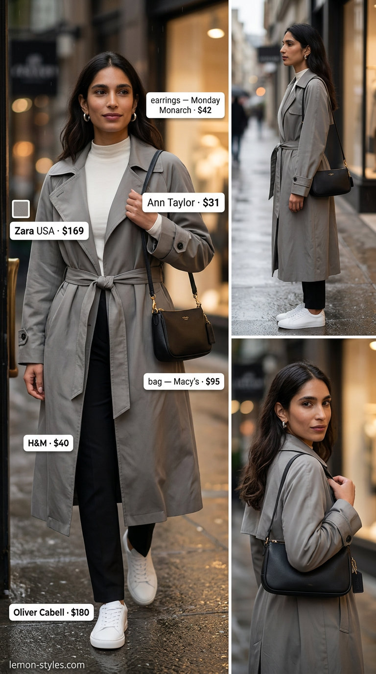 Minimalist Rainy Day Summer Trench Outfits 2026 Minimalist rainy day outfit with stone grey trench coat, black pants, and white sneakers for summer 2026.