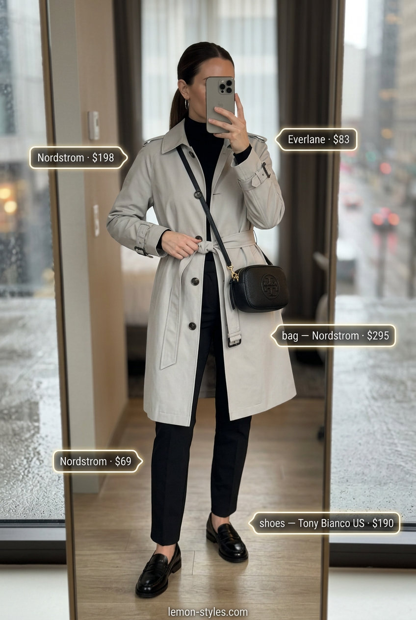 Minimalist Rainy Day Trench Outfits for Women 2026 Rainy day summer trench outfits for women 2026: Stone grey trench, black turtleneck, slim trousers, loafers for business casual.