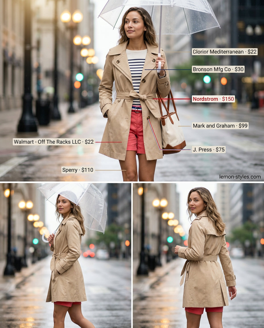 Preppy Rainy Day Summer Trench Outfits 2026 Preppy rainy day outfit with beige trench coat, Breton top, and chino shorts for summer 2026.