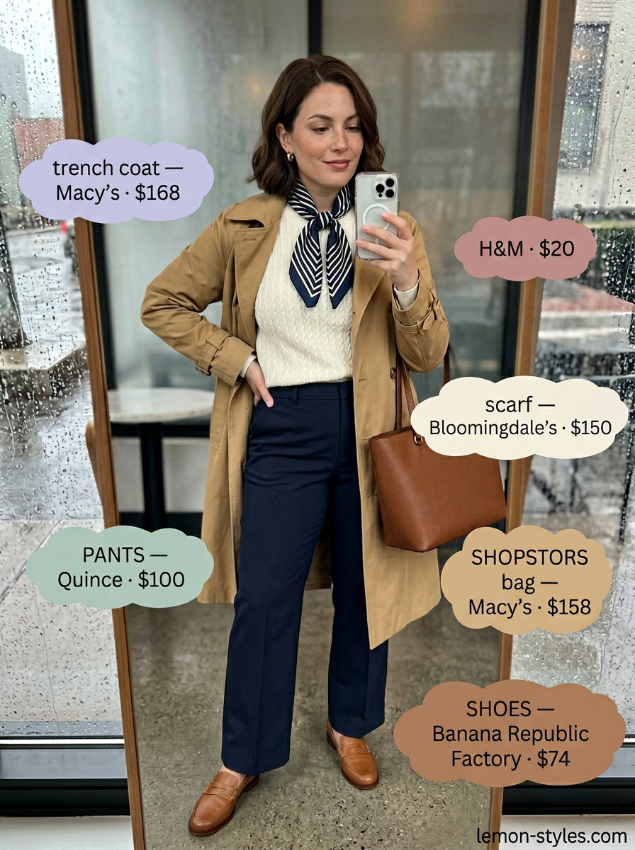 Preppy Rainy Day Trench Outfits for Women 2026 Rainy day summer trench outfits for women 2026: Beige trench, cream sweater, navy trousers, tan loafers for preppy campus style.