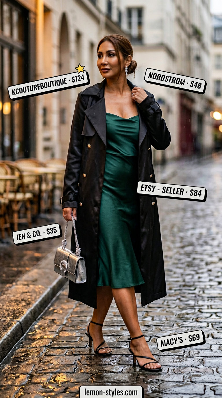 Elegant Evening Rainy Day Trench Outfits for Women 2026 Rainy day summer trench outfits for women 2026: Black trench, emerald slip dress, silver heels for elegant evening.