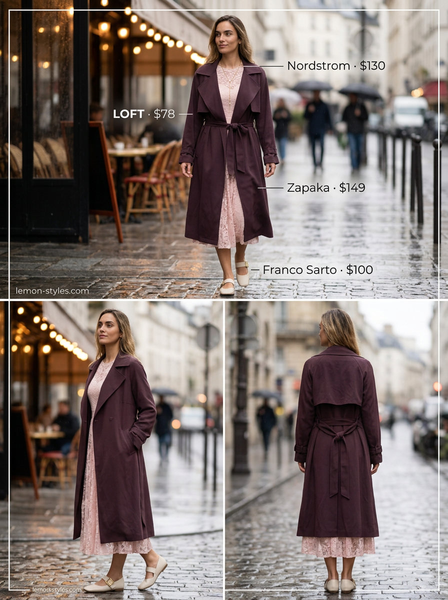 Romantic Rainy Day Summer Trench Outfits 2026 Romantic rainy day outfit with light grey trench coat, blush pink dress, and ballet flats for summer 2026.