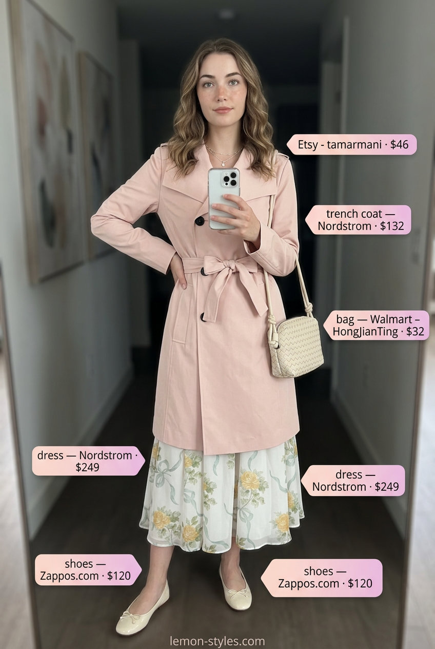 Soft Summer Rainy Day Trench Outfits for Women 2026 Rainy day summer trench outfits for women 2026: Blush pink trench, floral midi dress, cream ballet flats for a garden party.