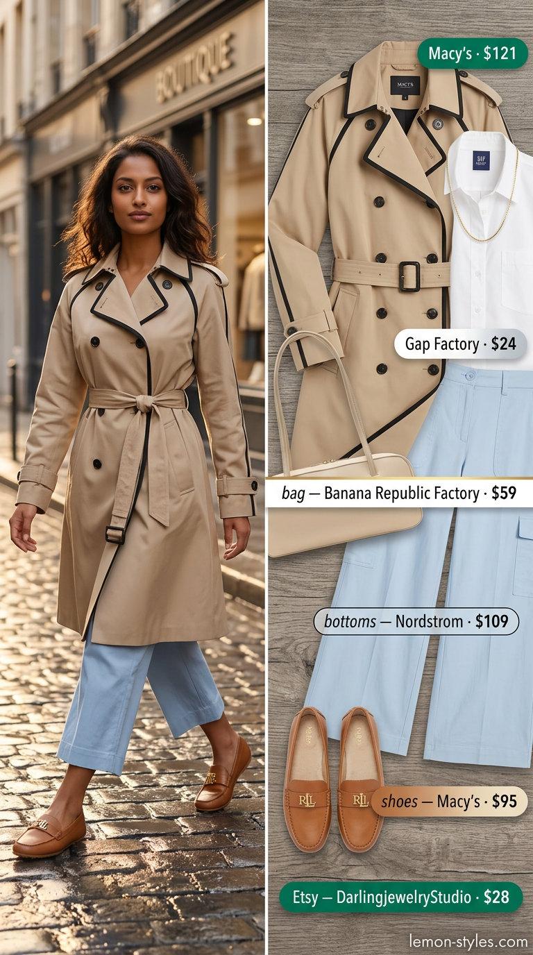 Urban Explorer Rainy Day Trench Outfits for Women 2026 Rainy day summer trench outfits for women 2026: Khaki trench, white shirt, light blue trousers, leather loafers for city exploration.