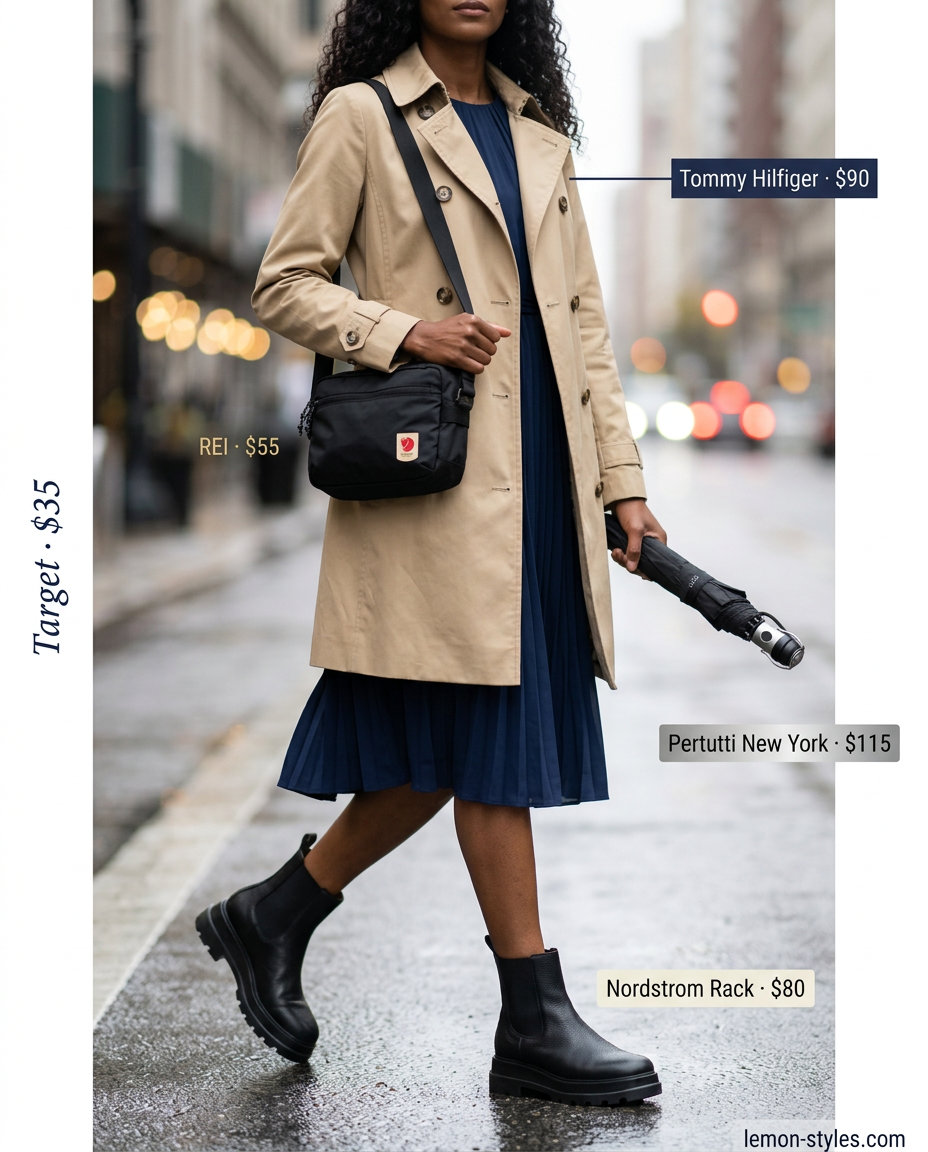 Classic Beige Trench Dress Outfit 2026 Rainy day summer trench outfits for women 2026: Beige trench coat over navy dress, black boots and crossbody bag.