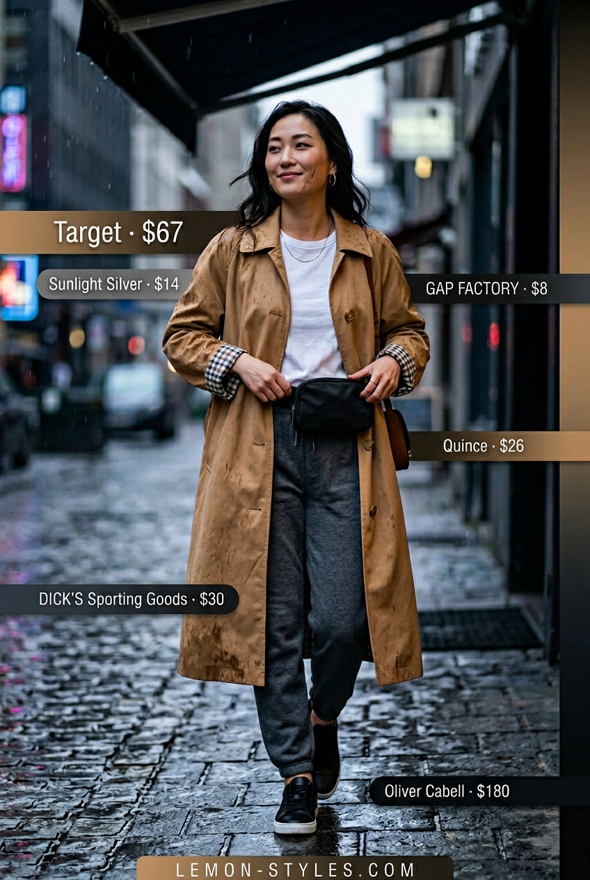 Casual Camel Trench Look 2026 Rainy day summer trench outfits for women 2026: Camel trench coat with joggers, white tee, and sneakers for travel.