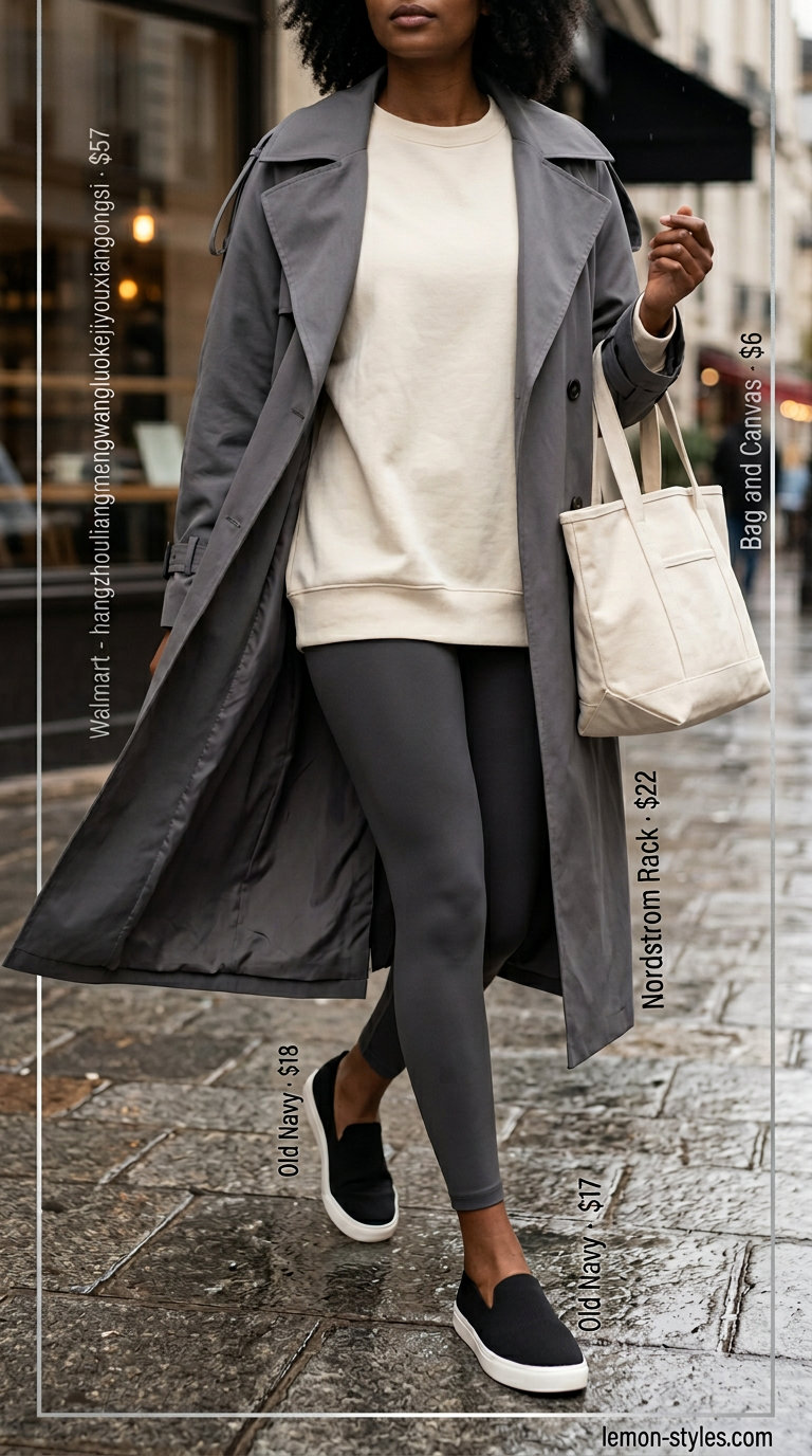 Comfortable Travel Trench Outfit 2026 Rainy day summer trench outfits for women 2026: Charcoal trench coat with leggings, cream sweater, and tote bag.