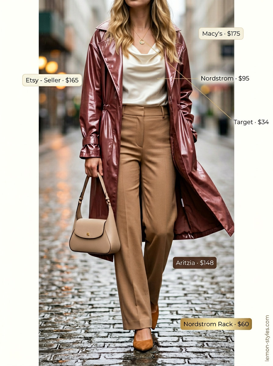 Chic Coral Trench Outfit 2026 Rainy day summer trench outfits for women 2026: Coral trench coat, cream camisole, tan trousers, and mules for brunch.