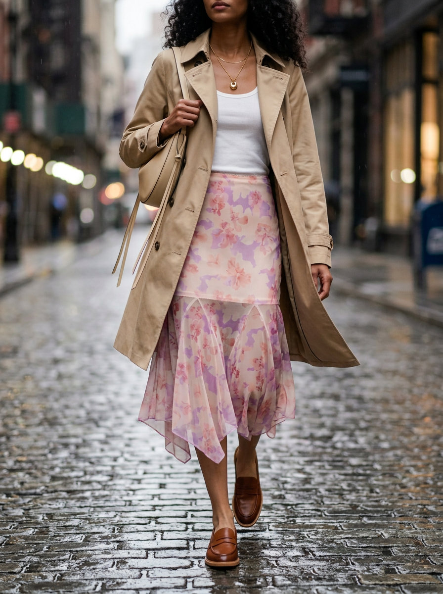 Feminine Floral Trench Outfit 2026 Rainy day summer trench outfits for women 2026: Beige trench coat with blush floral skirt, white tank, and loafers.