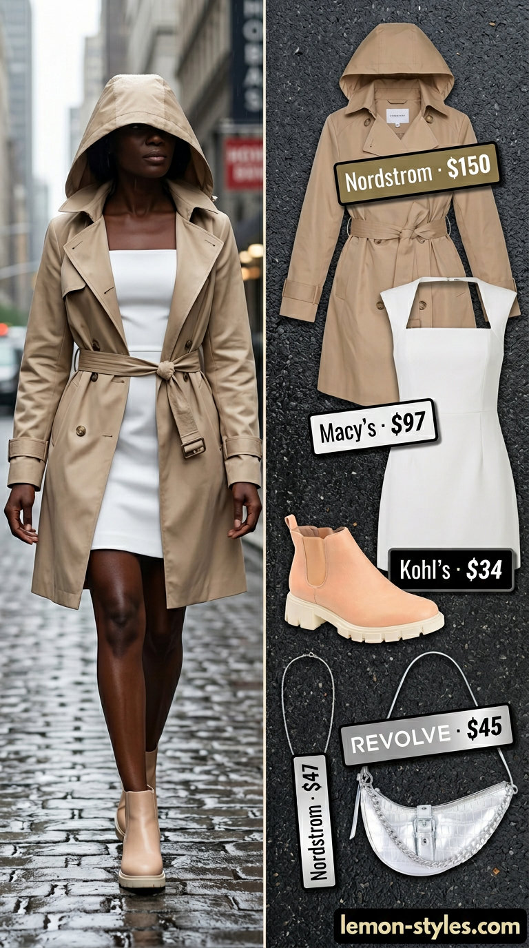Chic Khaki Trench Dress Style 2026 Rainy day summer trench outfits for women 2026: Khaki trench coat with white dress, metallic crossbody, and leather boots.
