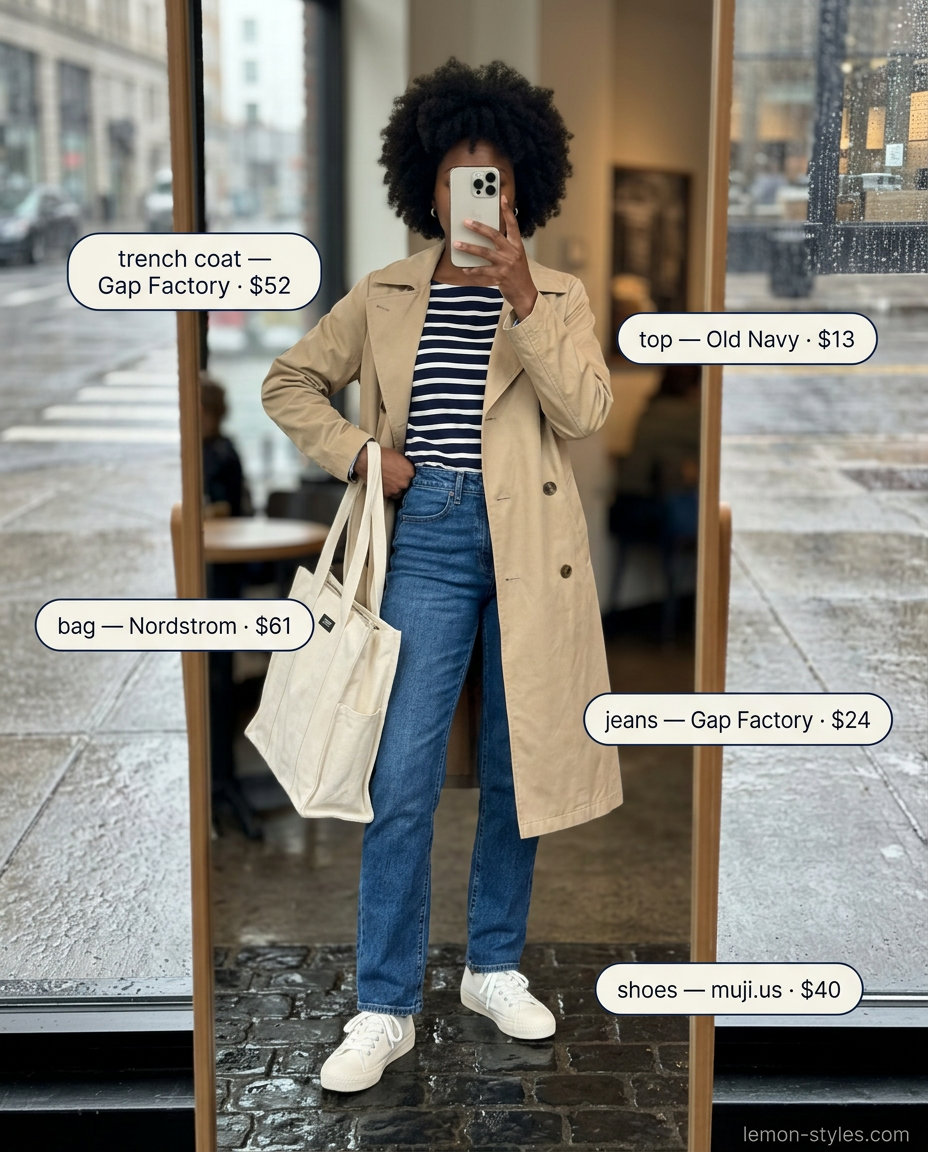 Casual Khaki Trench Jeans Outfit 2026 Rainy day summer trench outfits for women 2026: Khaki trench coat with jeans, striped tee, and canvas sneakers.