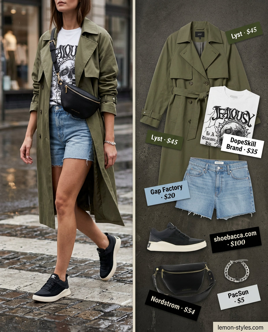 Rainy day summer trench outfits for women 2026: Olive trench coat with denim shorts, graphic tee, and sneakers.