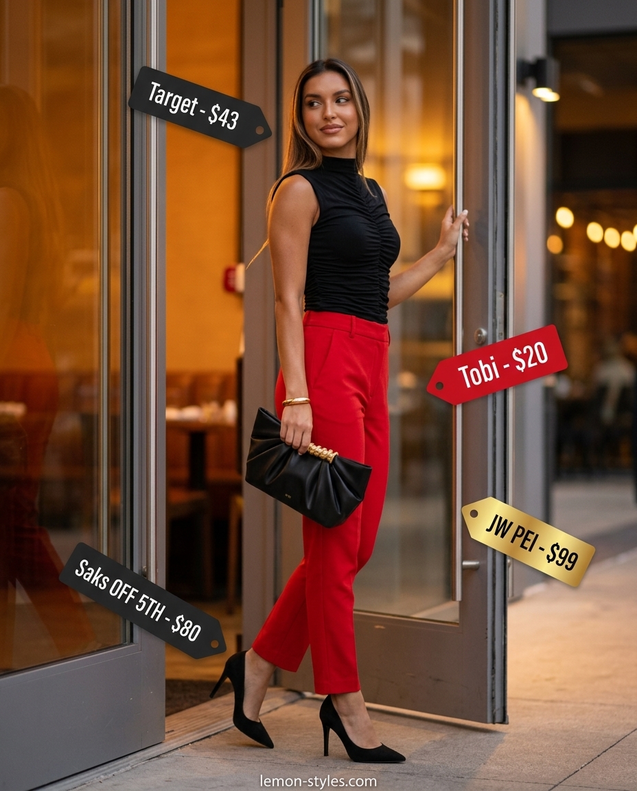 Red cropped straight-leg satin pants with a black mock neck top and heels for a night out.
