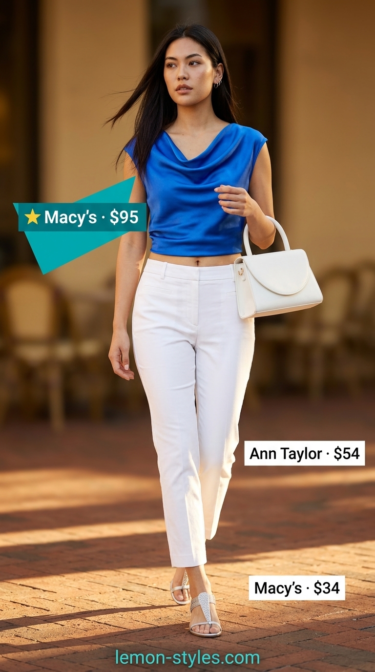Refined classy summer outfits for women 2026: Cobalt blue blouse, white cigarette pants, silver sandals for smart casual.