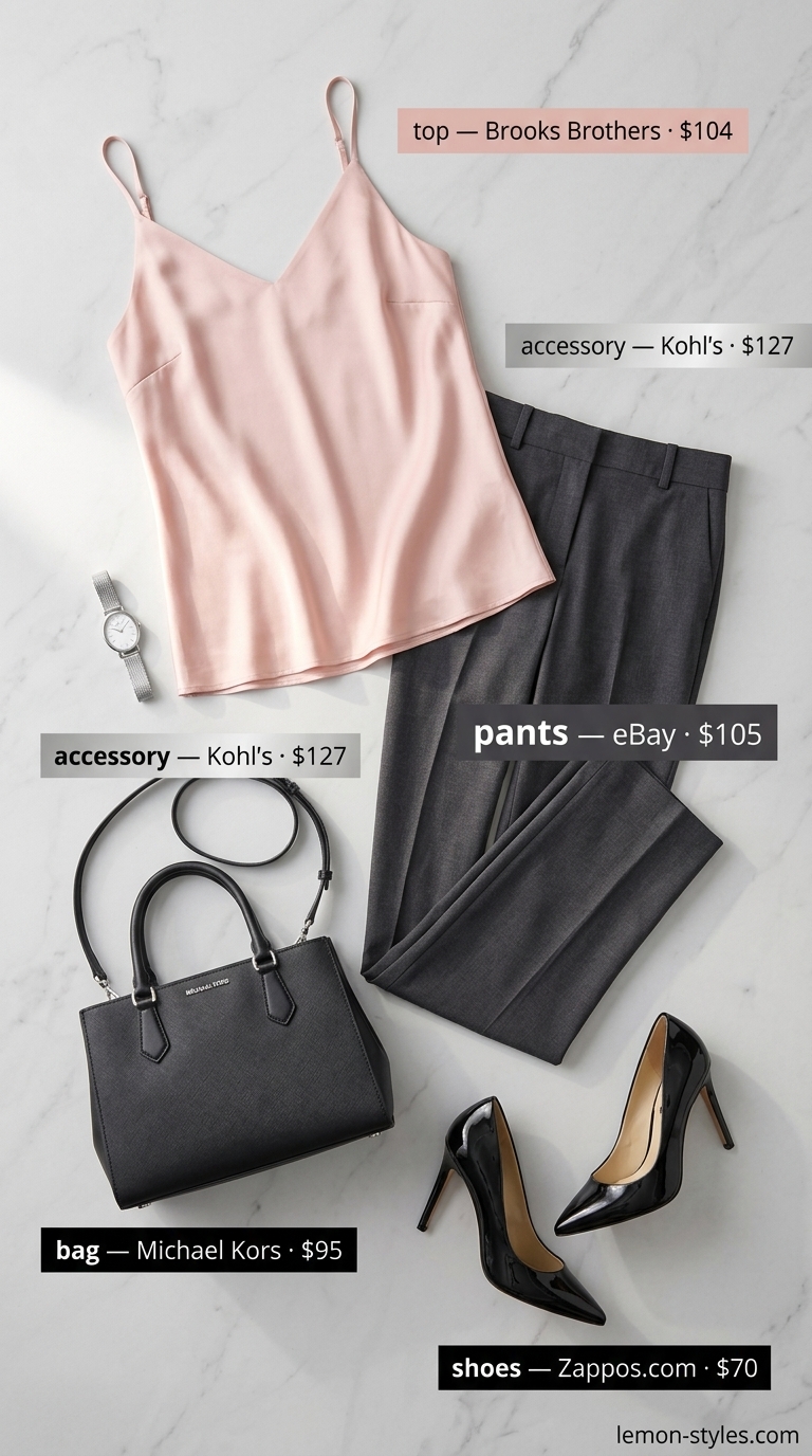 Refined classy summer outfits for women 2026: Charcoal gray pants, blush pink silk blouse, black pumps for office to dinner.
