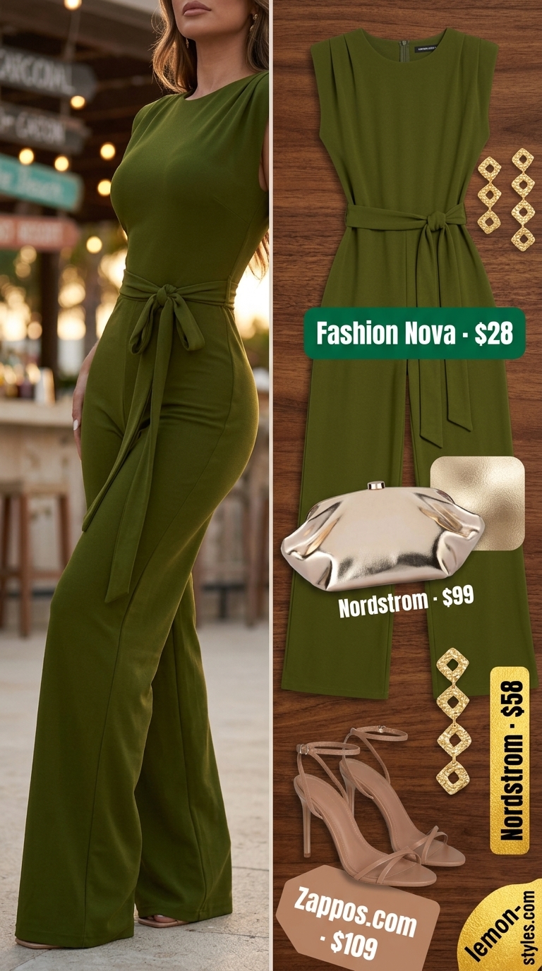 Refined classy summer outfits for women 2026: Olive green jumpsuit, tan sandals, gold earrings for resort evening.
