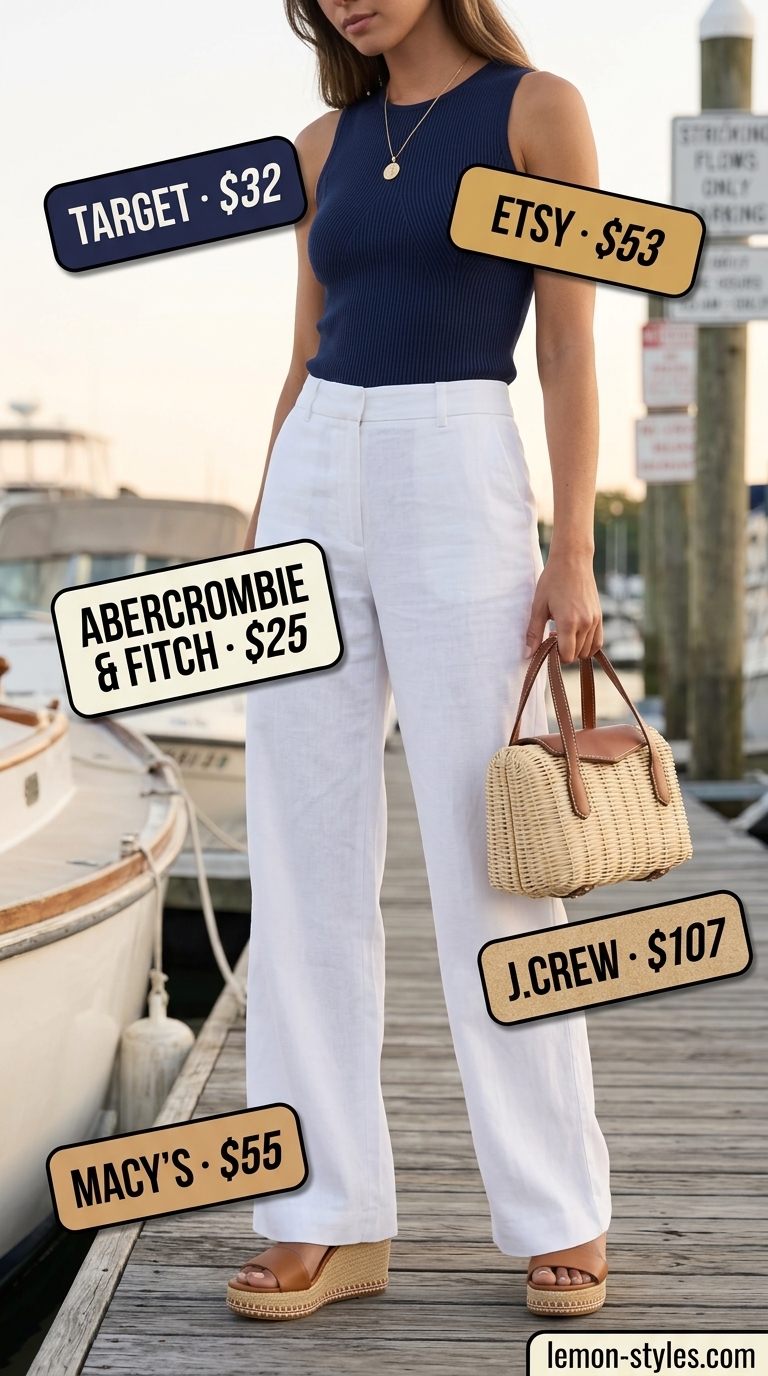 Refined classy summer outfits for women 2026: Ivory linen trousers, navy knit top, rattan bag for resort wear.