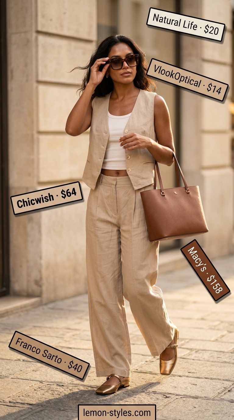 Refined classy summer outfits for women 2026: Sand beige linen set, bronze mules, off-white tank for business casual.