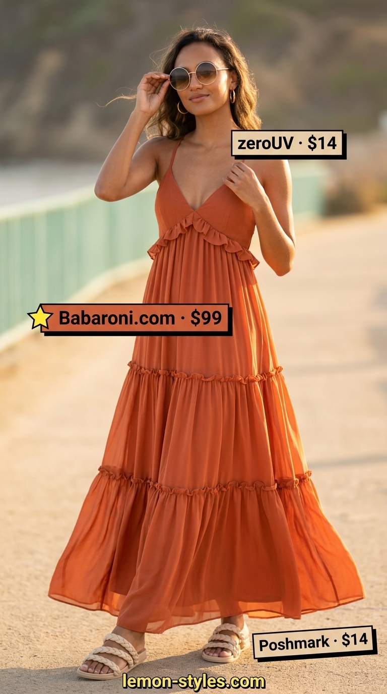 Refined classy summer outfits for women 2026: Terracotta maxi dress, cream slides, straw bag for vacation dinner.