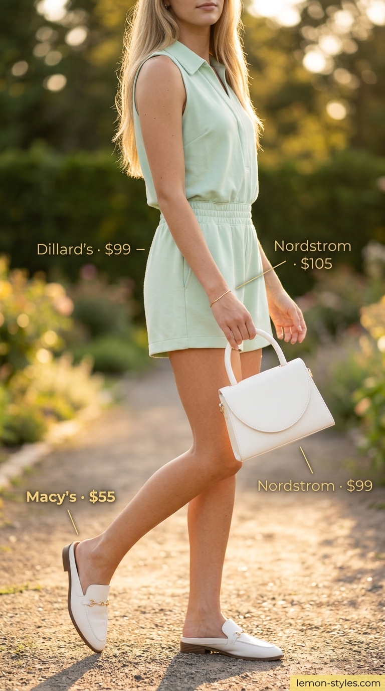 Refined classy summer outfits for women 2026: Mint green romper, white mules, gold bracelet for garden party.