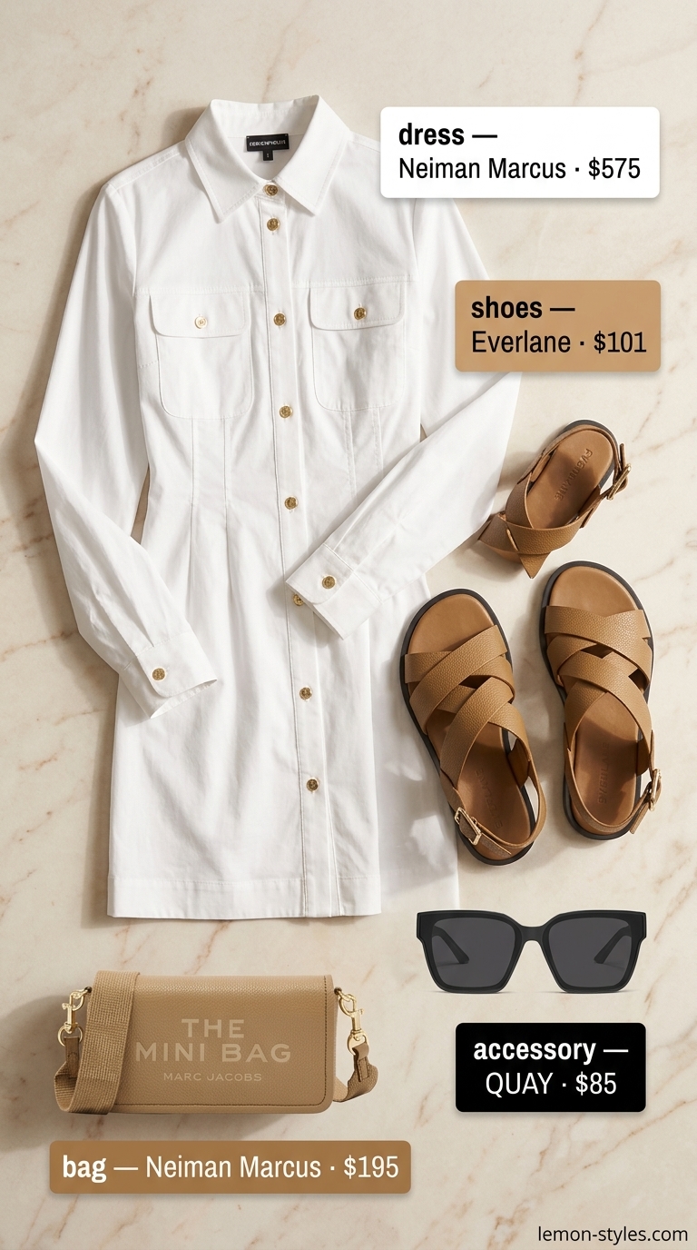 Refined classy summer outfits for women 2026: White shirt dress, tan sandals, gold earrings for Parisian brunch.