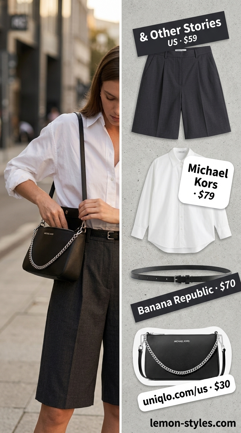 Refined classy summer outfits for women 2026: Charcoal Bermuda shorts, white button-down, black loafers for city sightseeing.