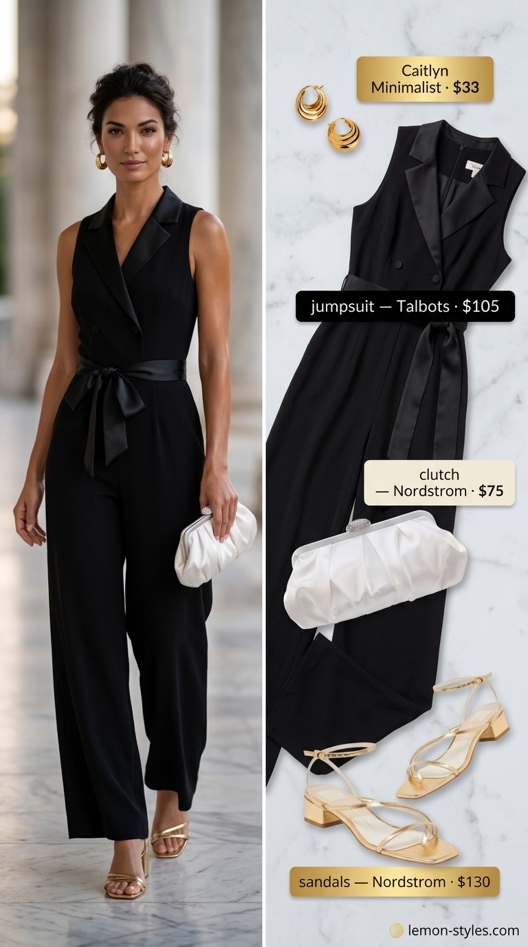 Refined classy summer outfit 2026: Black wide-leg jumpsuit, gold hoops, and metallic heels for evening drinks.