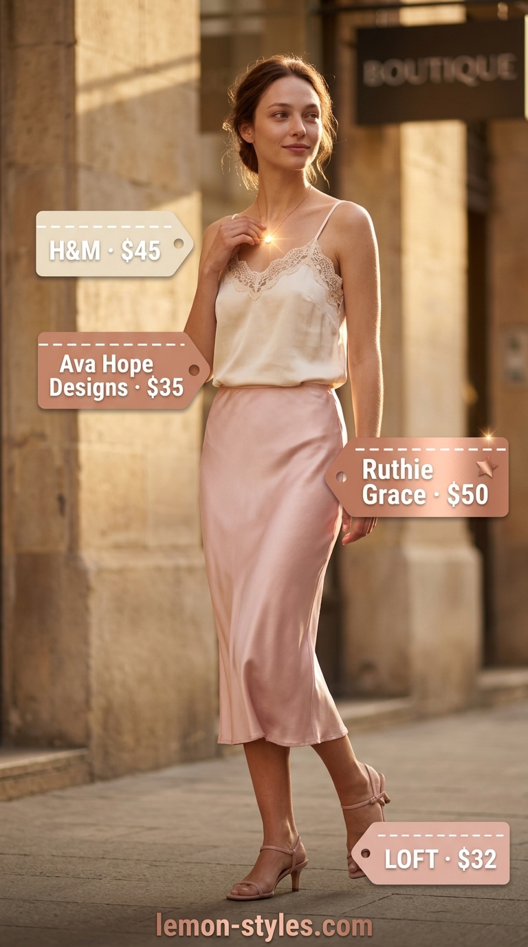 Refined classy summer outfit 2026: Blush pink slip skirt, cream camisole, and rose gold necklace for date night.