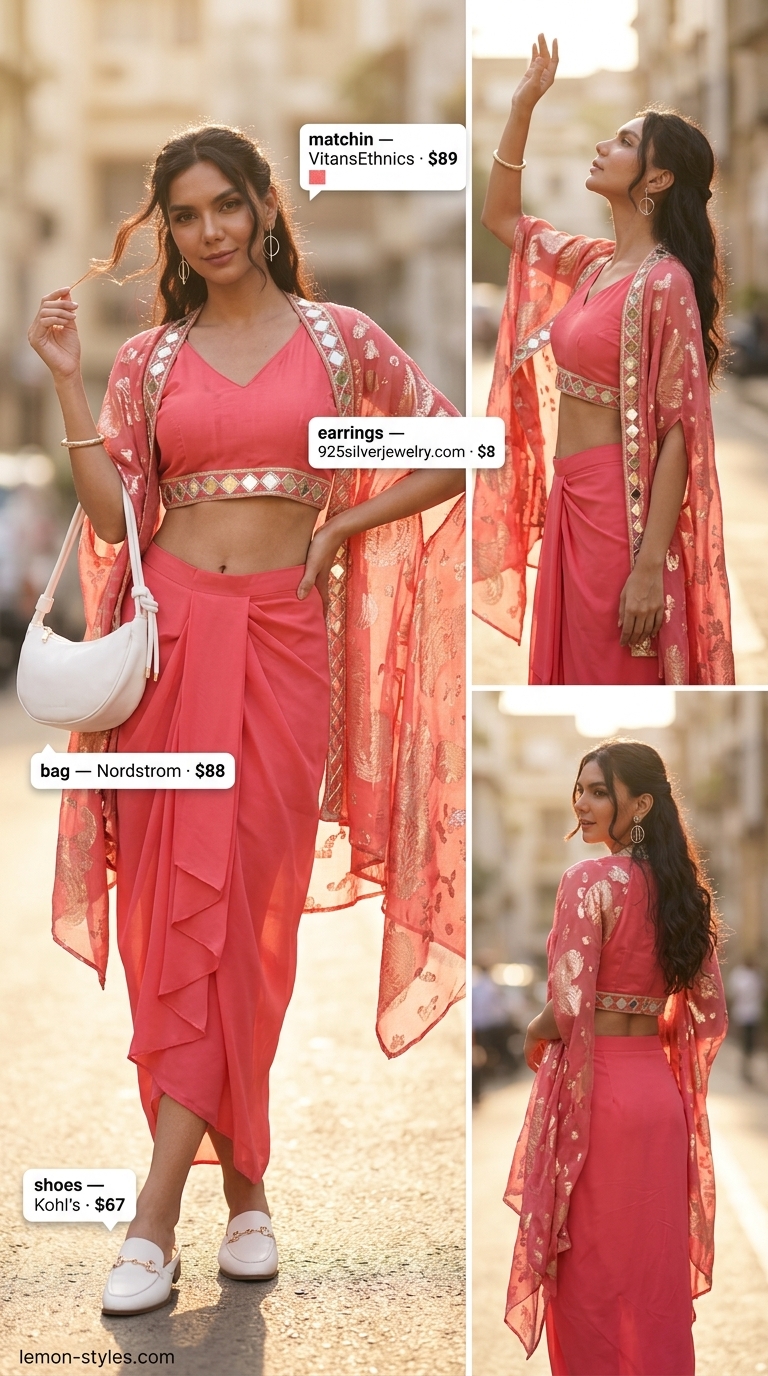 Refined classy summer outfit 2026: Coral pink matching set, white mules, and silver bag for daytime event.