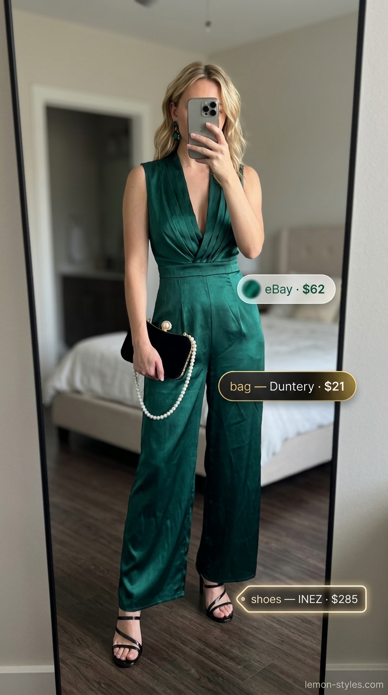 Refined classy summer outfit 2026: Emerald green jumpsuit, gold statement earrings, and black sandals for date night.