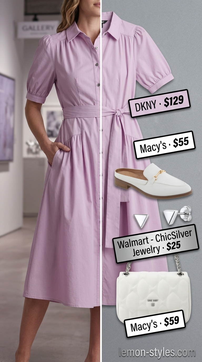 Refined classy summer outfit 2026: Pale lavender midi dress, white mules, and silver bag for art gallery opening.