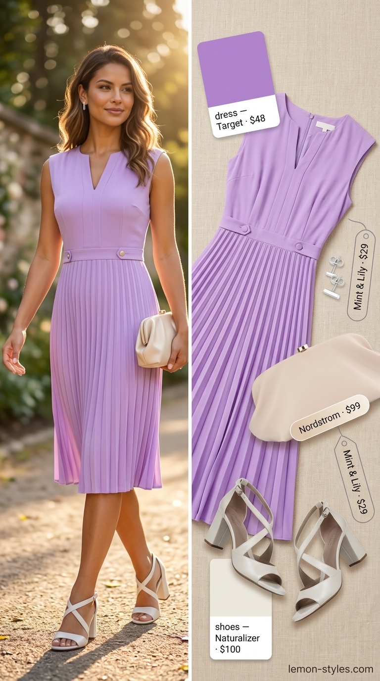 Soft lavender A-line midi dress with cream heels and silver earrings for refined classy summer outfits for women 2026.