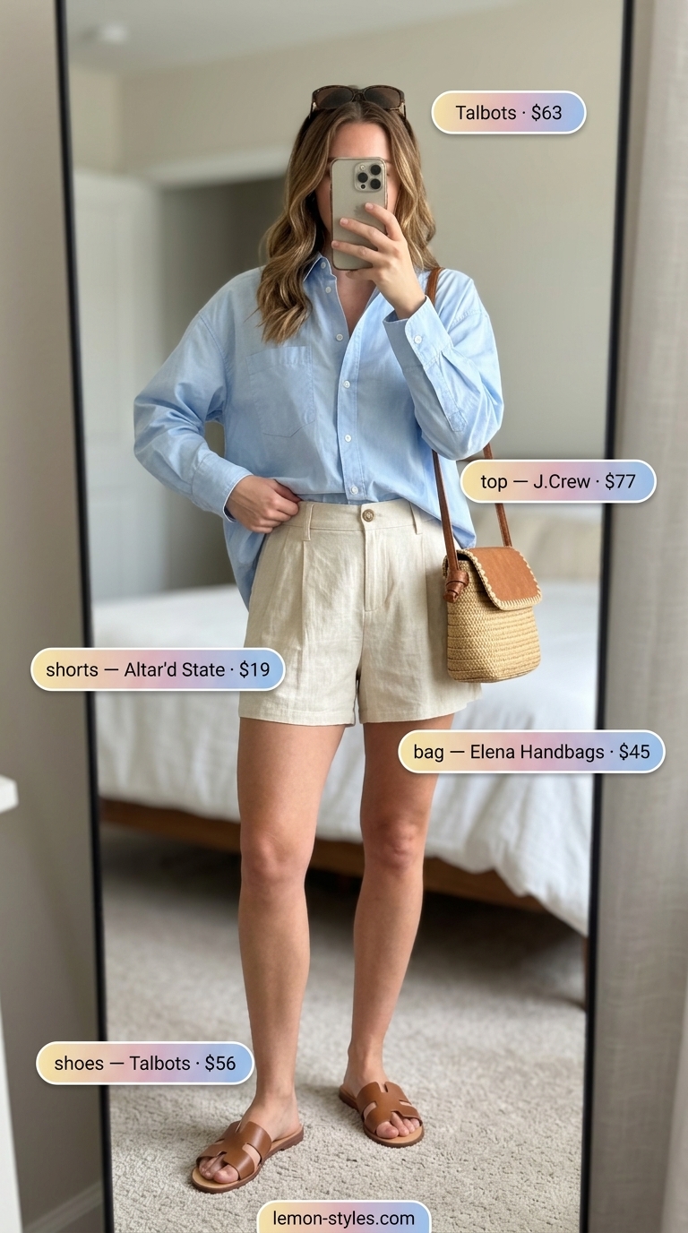 Oat beige linen shorts with sky blue oversized shirt and tan slides for refined classy summer outfits for women 2026.