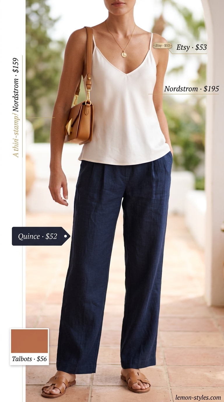 Navy wide-leg linen pants with cream silk camisole and tan slides for refined classy summer outfits for women 2026.