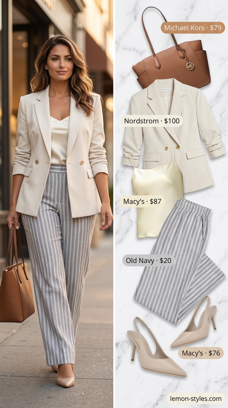 Navy linen trousers with white silk camisole and tan blazer for refined classy summer outfits for women 2026.