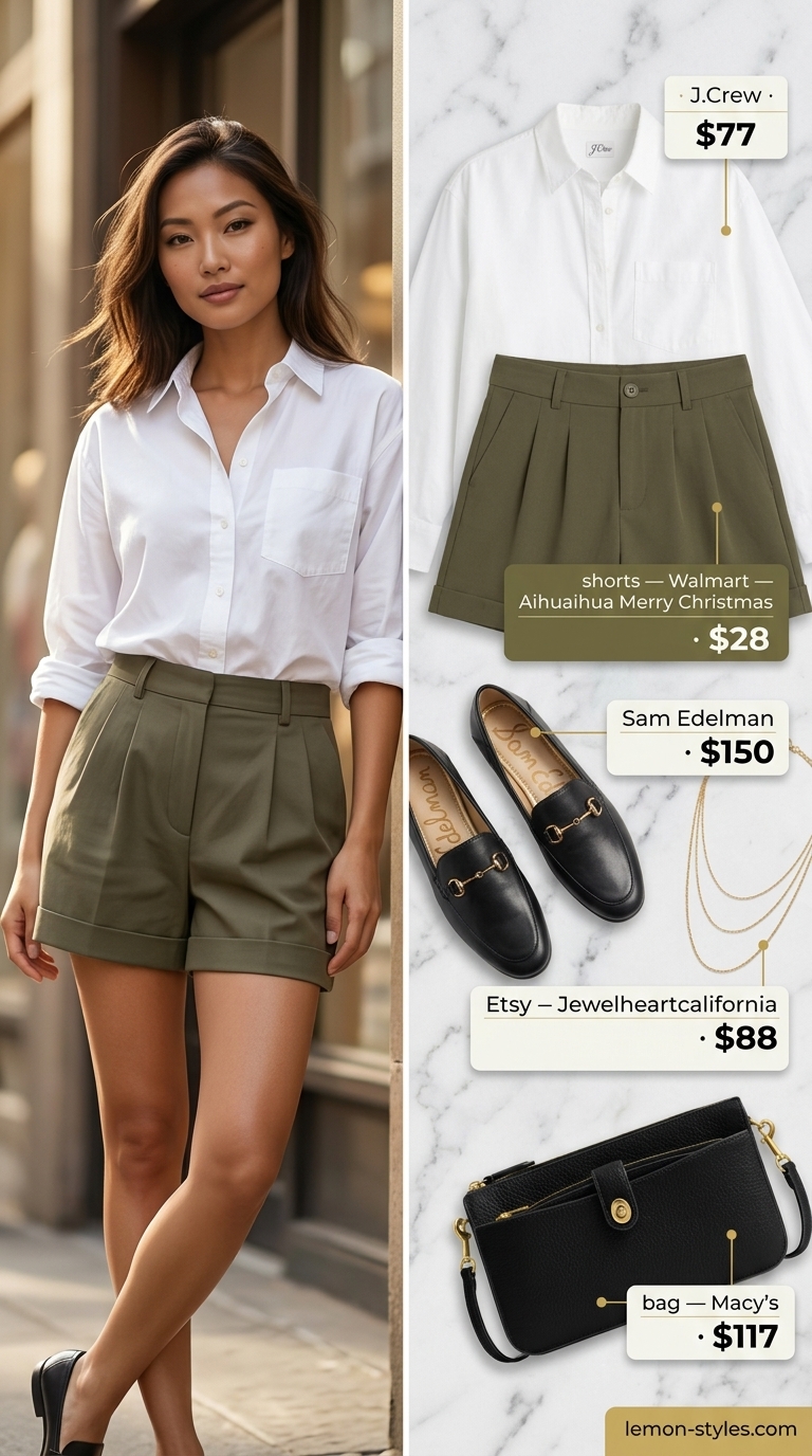Refined classy summer outfit 2026: Olive green shorts, white oversized shirt, and black loafers for city sightseeing.
