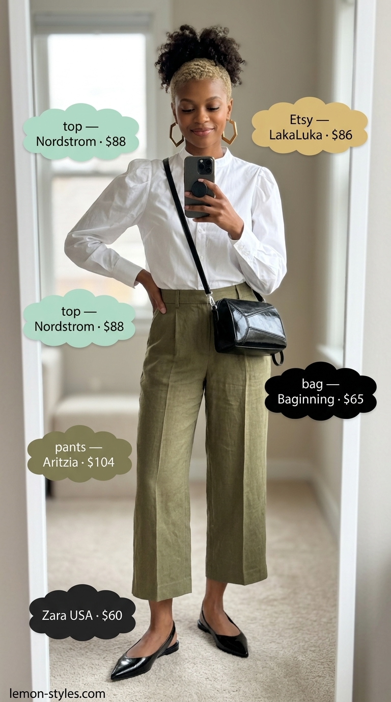 Refined classy summer outfit 2026: Olive green trousers, white blouse, and black slingbacks for art event.