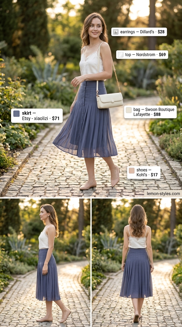 Sky blue pleated midi skirt with white camisole and nude flats for refined classy summer outfits for women 2026.