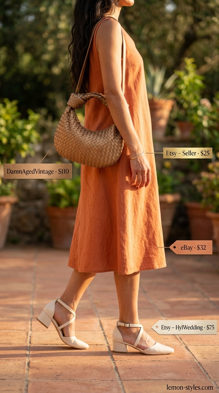 Refined classy summer outfit 2026: Terracotta linen dress, bronze bag, and ivory sandals for summer brunch.