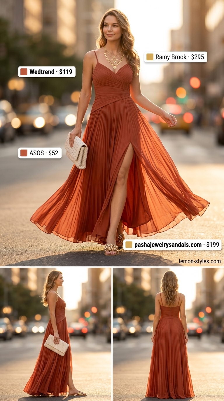 Refined classy summer outfit 2026: Terracotta maxi dress, straw hat, and gold sandals for resort dinner.