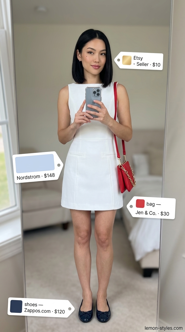 Refined classy summer outfit 2026: White A-line dress, navy flats, and red crossbody for summer brunch.