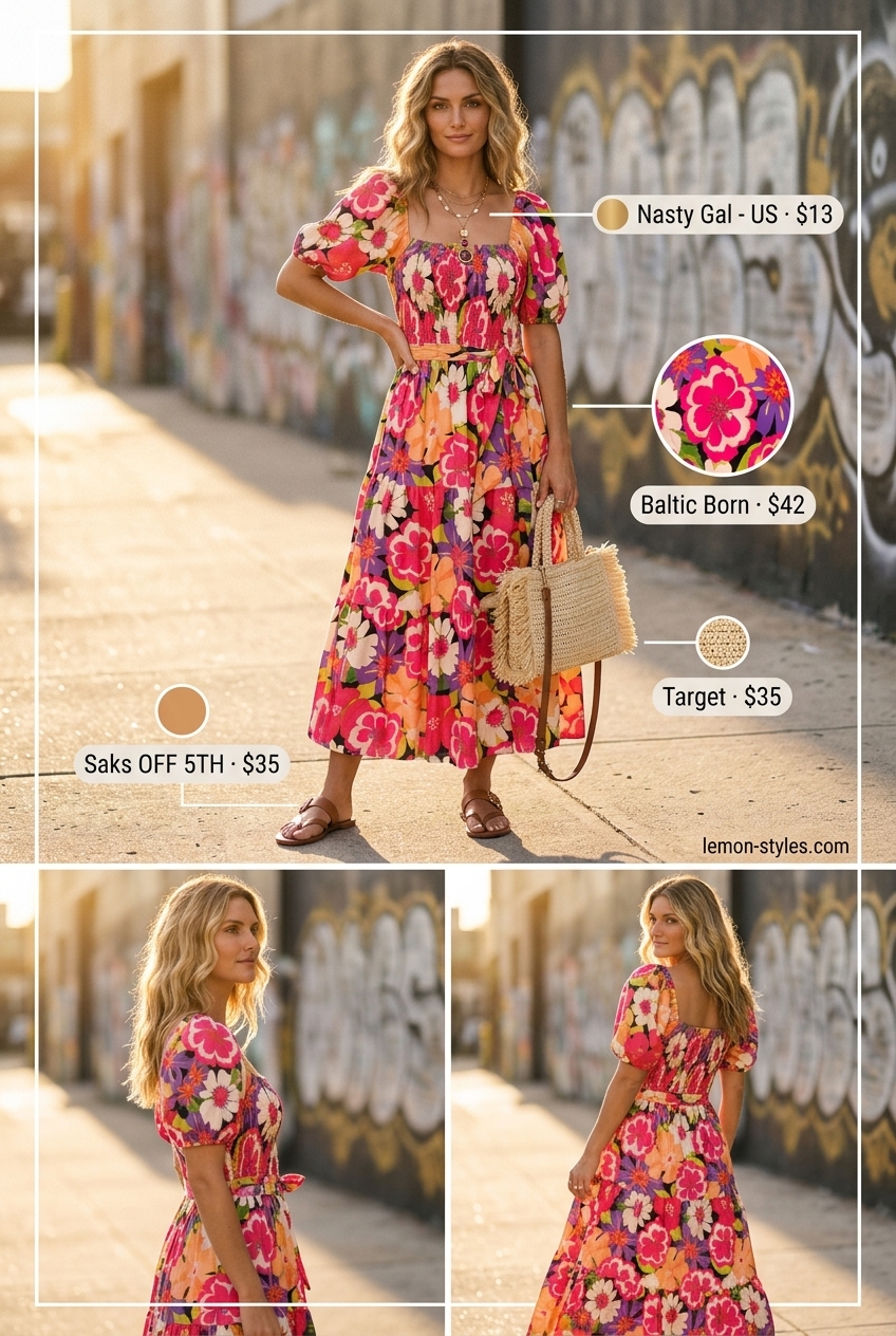 Boho Chic Rooftop Outfits for Women Summer 2026 Floral maxi dress, tan sandals, and straw crossbody bag for rooftop outfits for women summer 2026.